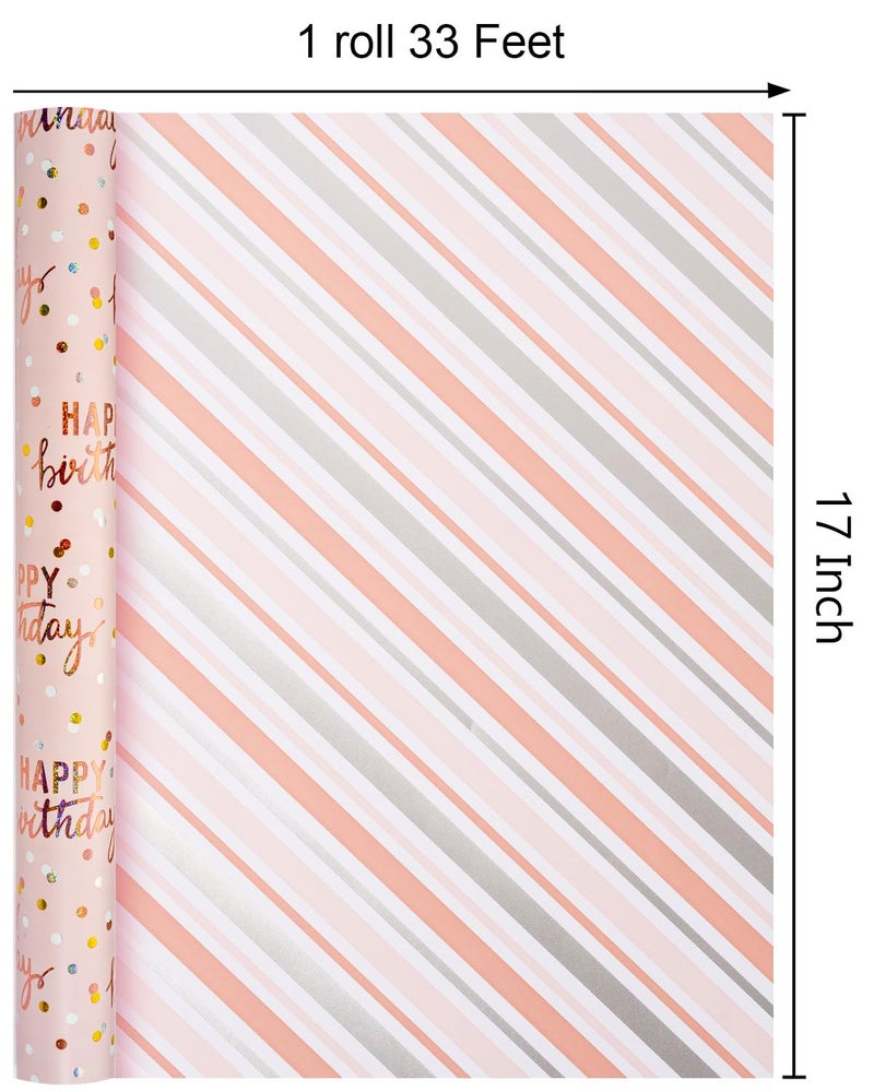 MAYPLUSS Birthday Wrapping Paper Roll, Pink Metallic Holographic Happy Birthday Wrapping Paper Featuring Revesible Stripe Gift Wrap Paper for Girls Boys Kids Men, 17 Inches x 33 Feet - Image 4