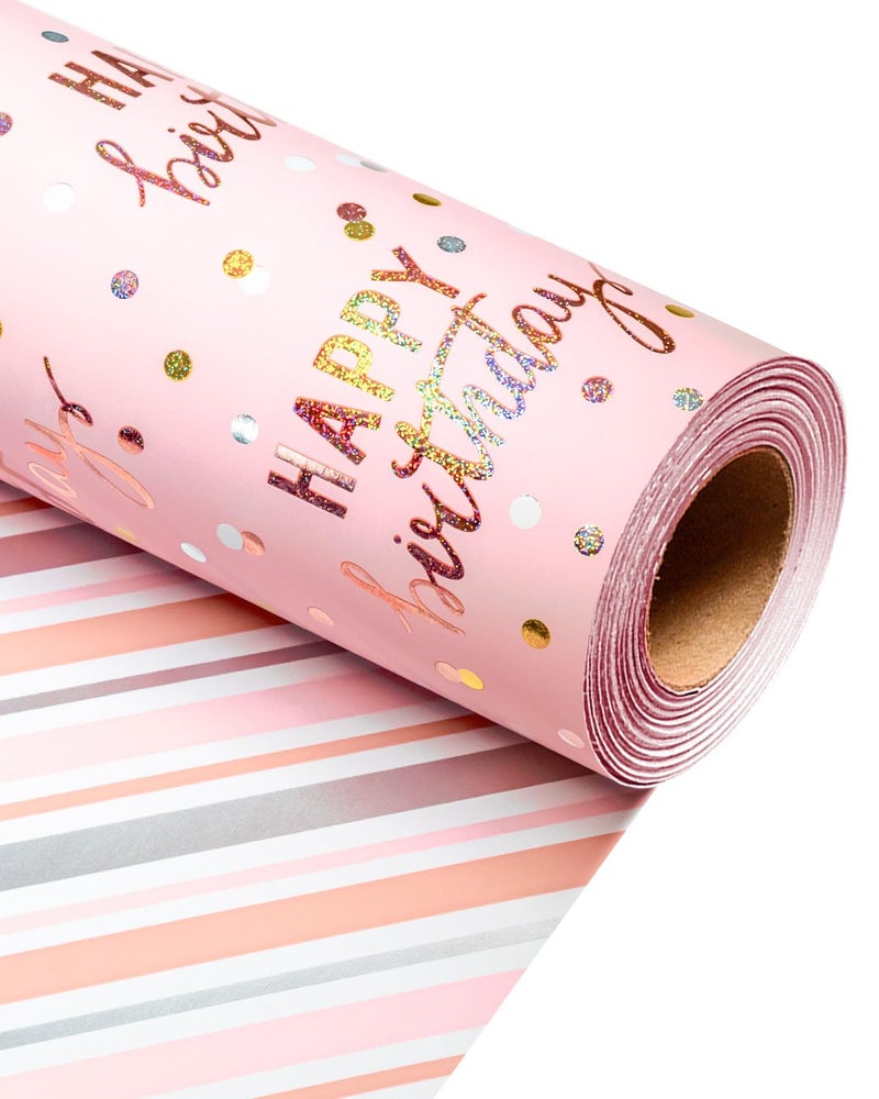 MAYPLUSS Birthday Wrapping Paper Roll, Pink Metallic Holographic Happy Birthday Wrapping Paper Featuring Revesible Stripe Gift Wrap Paper for Girls Boys Kids Men, 17 Inches x 33 Feet - Image 1