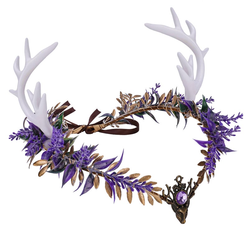 MOSTORY Purple Antler Fairy Crown - Deer Horns Elf Flower Headband Woodland Floral Headpiece Elven Leaf Circlet for Women Renaissance Renfaire Cosplay Photo Shoot - Image 1