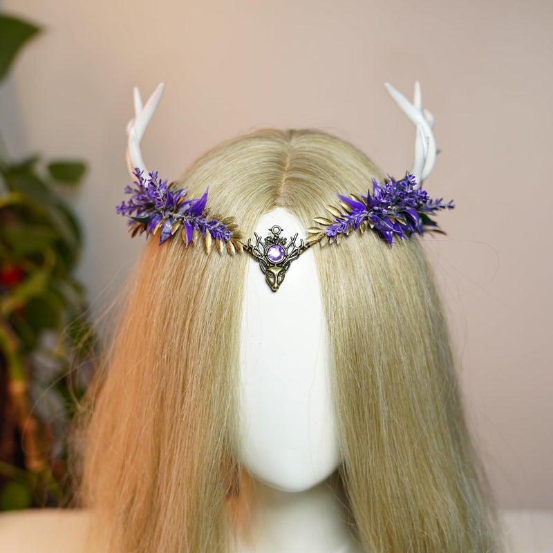 MOSTORY Purple Antler Fairy Crown - Deer Horns Elf Flower Headband Woodland Floral Headpiece Elven Leaf Circlet for Women Renaissance Renfaire Cosplay Photo Shoot - Image 4