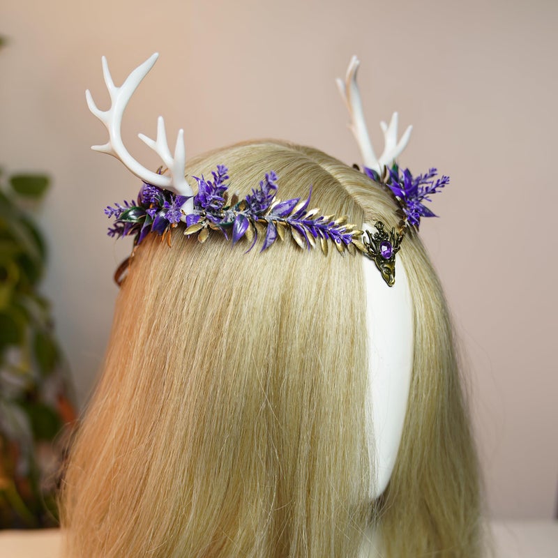 MOSTORY Purple Antler Fairy Crown - Deer Horns Elf Flower Headband Woodland Floral Headpiece Elven Leaf Circlet for Women Renaissance Renfaire Cosplay Photo Shoot - Image 5
