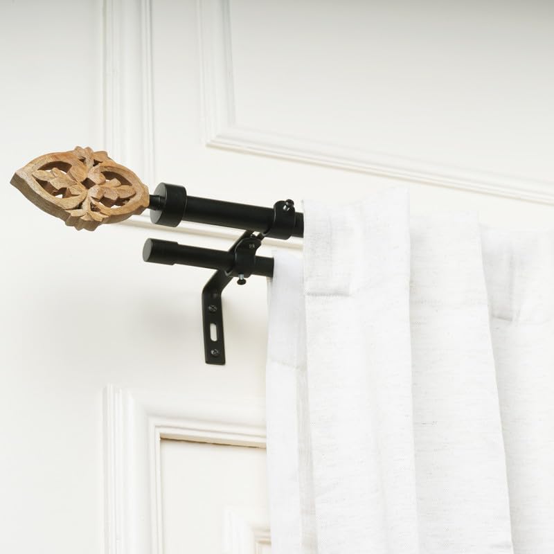 Window Casa 2848 Adjustable Double Curtain Rod For Door Windows With Brackets Set Curtains Hanging Extendable Iron Metal Pipe Holder With Brown Baroque Wood Finial Black 075 Diameter - Image 2