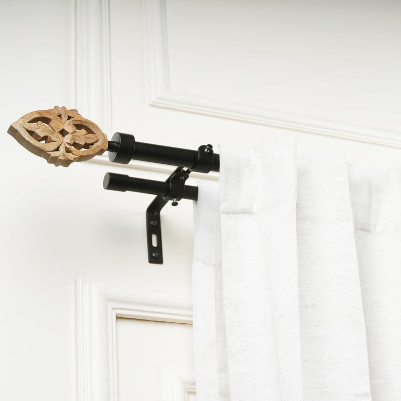 Window Casa 2848 Adjustable Double Curtain Rod For Door Windows With Brackets Set Curtains Hanging Extendable Iron Metal Pipe Holder With Brown Baroque Wood Finial Black 075 Diameter - Image 1