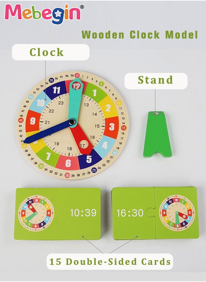 MEBEGIN - Multifunctional Educational Teaching Clock Set with 15 Double-sided Cards and 1 Stand, Wooden Toddler Learning Clock, Premium Montessori Toys, Colorful Fun Development Toys, Good Tool to Develop Children's Sense of Time, Ideal Gift for Kids Aged 3+ - Image 1