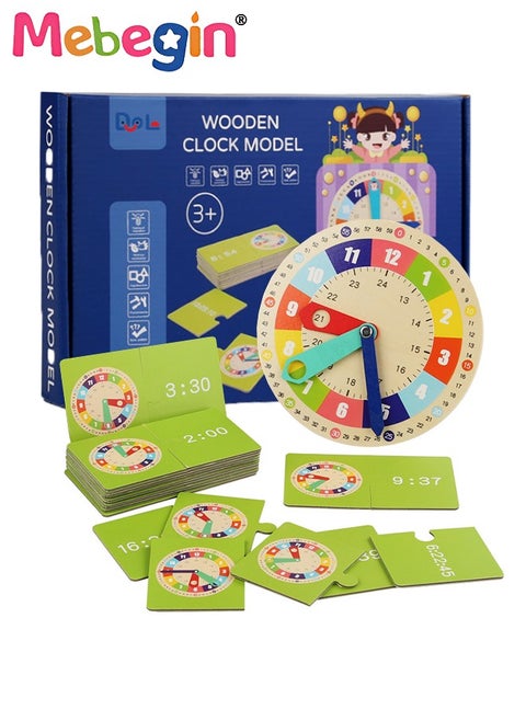 Multifunctional Educational Teaching Clock Set with 15 Double-sided Cards and 1 Stand, Wooden Toddler Learning Clock, Premium Montessori Toys, Colorful Fun Development Toys, Good Tool to Develop Children's Sense of Time, Ideal Gift for Kids Aged 3+