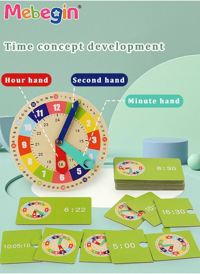 MEBEGIN - Multifunctional Educational Teaching Clock Set with 15 Double-sided Cards and 1 Stand, Wooden Toddler Learning Clock, Premium Montessori Toys, Colorful Fun Development Toys, Good Tool to Develop Children's Sense of Time, Ideal Gift for Kids Aged 3+ - Image 1