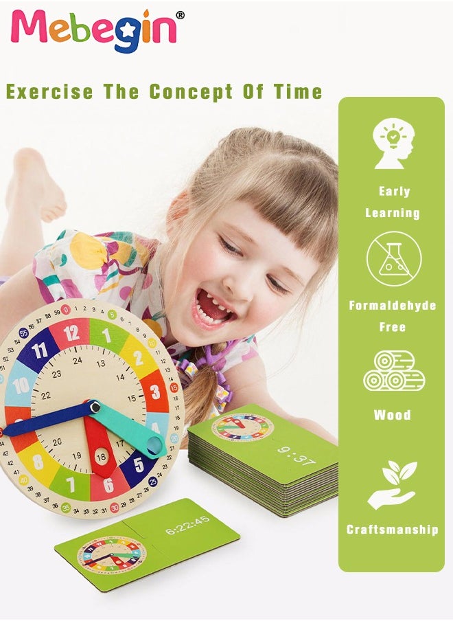 MEBEGIN - Multifunctional Educational Teaching Clock Set with 15 Double-sided Cards and 1 Stand, Wooden Toddler Learning Clock, Premium Montessori Toys, Colorful Fun Development Toys, Good Tool to Develop Children's Sense of Time, Ideal Gift for Kids Aged 3+ - Image 1