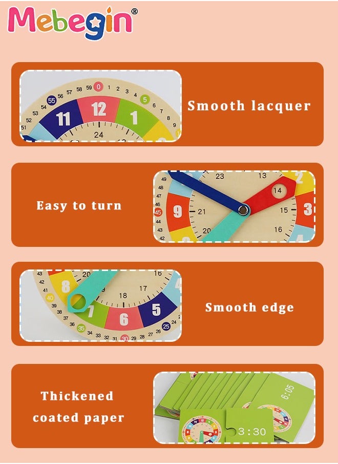 MEBEGIN - Multifunctional Educational Teaching Clock Set with 15 Double-sided Cards and 1 Stand, Wooden Toddler Learning Clock, Premium Montessori Toys, Colorful Fun Development Toys, Good Tool to Develop Children's Sense of Time, Ideal Gift for Kids Aged 3+ - Image 1