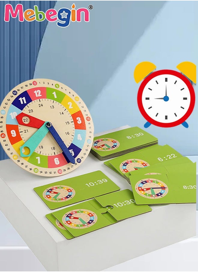 MEBEGIN - Multifunctional Educational Teaching Clock Set with 15 Double-sided Cards and 1 Stand, Wooden Toddler Learning Clock, Premium Montessori Toys, Colorful Fun Development Toys, Good Tool to Develop Children's Sense of Time, Ideal Gift for Kids Aged 3+ - Image 1
