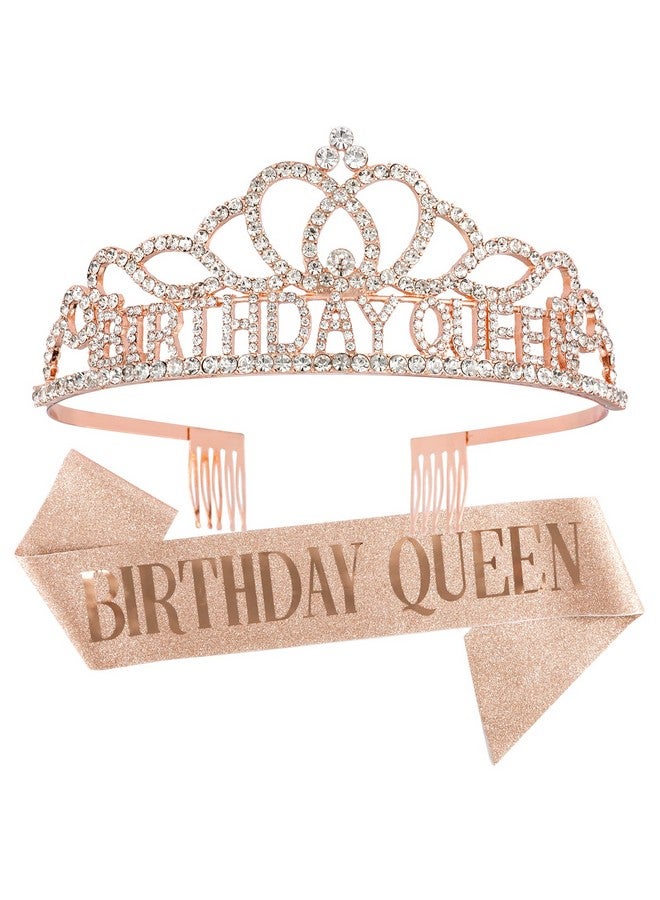 Cavetee Rose Gold Birthday Crowns For Women Birthday Queen Sash And Tiara For Women Rose Gold Birthday Party Decorations For Women Birthday Sash And Crown For Women - Image 1