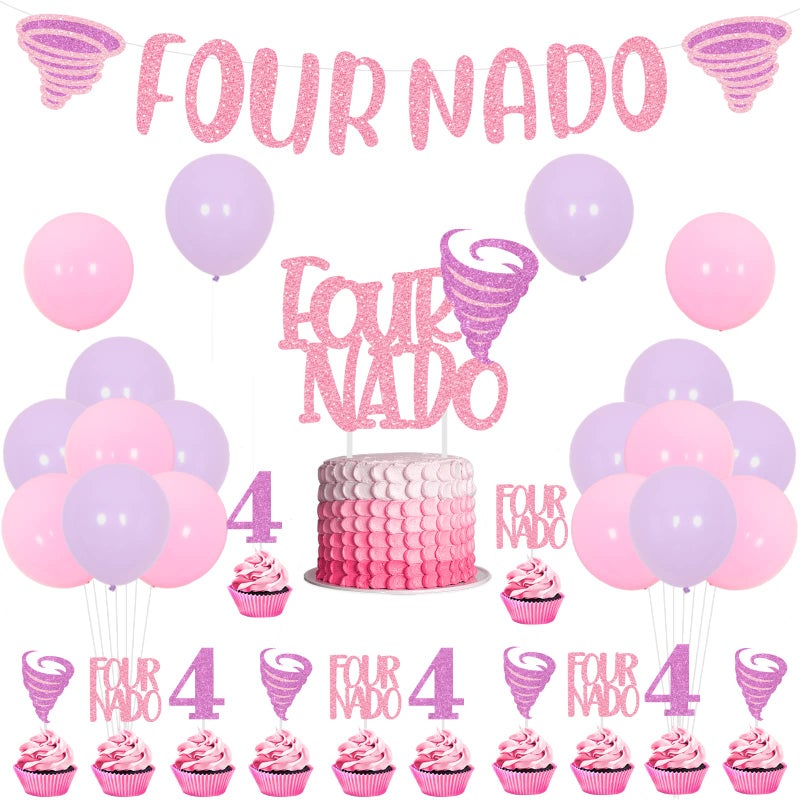 Balterever Fournado Birthday Party Decorations for Girls Tornado 4th Birthday Party Supplies with Four Nado Banner Cake Cupcake Toppers for Girls Tornado Bday Party Decors - Image 3