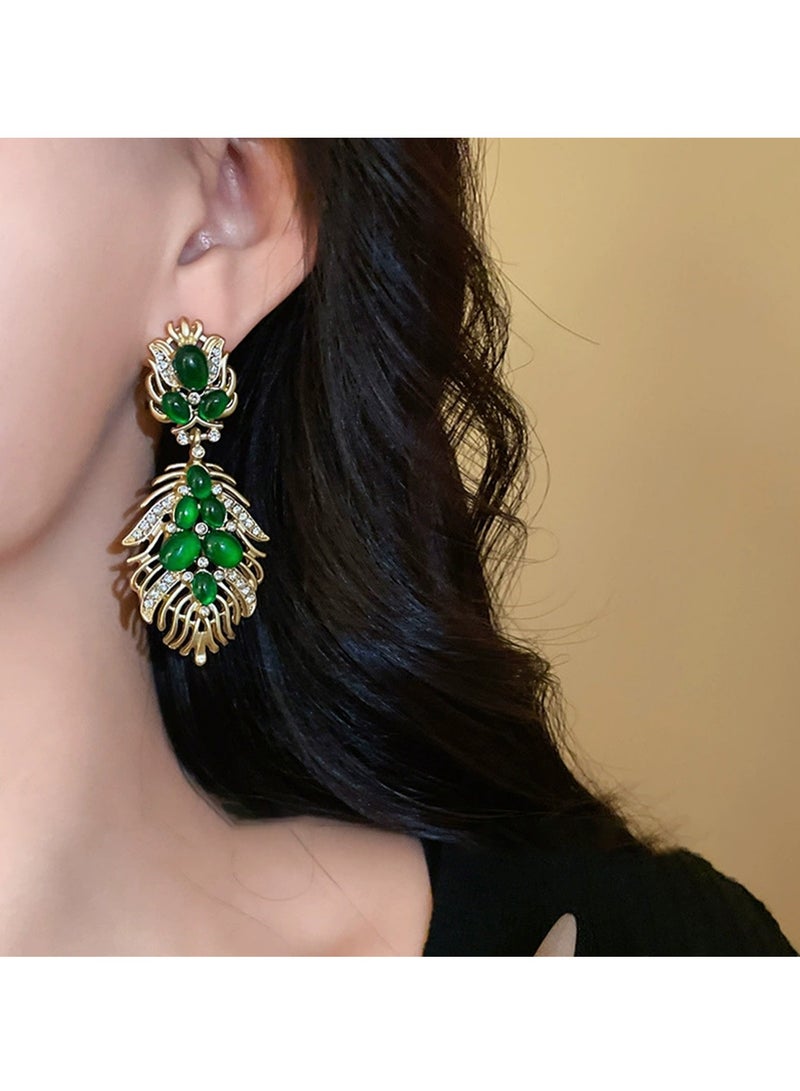 Gold Leaf Drop Earrings with Green Stones – Elegant Statement Jewelry for Weddings, Eid, Office & Evening Events  - Image 2