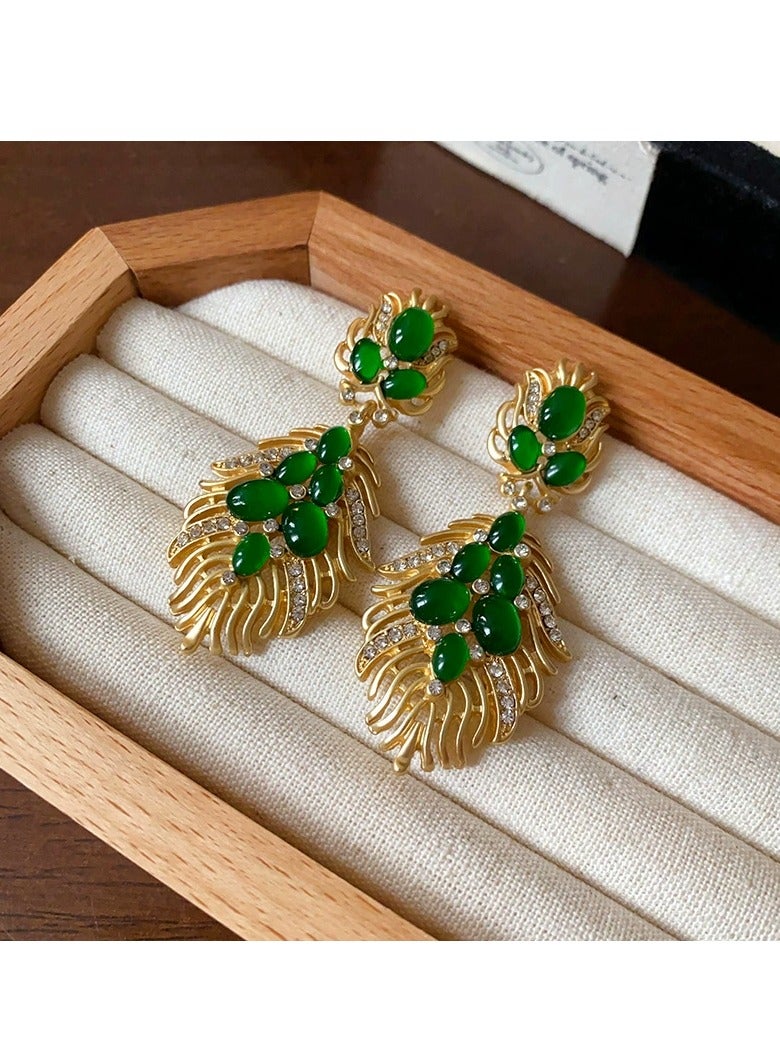 Gold Leaf Drop Earrings with Green Stones – Elegant Statement Jewelry for Weddings, Eid, Office & Evening Events  - Image 3