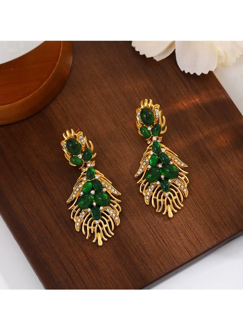 Gold Leaf Drop Earrings with Green Stones – Elegant Statement Jewelry for Weddings, Eid, Office & Evening Events  - Image 4