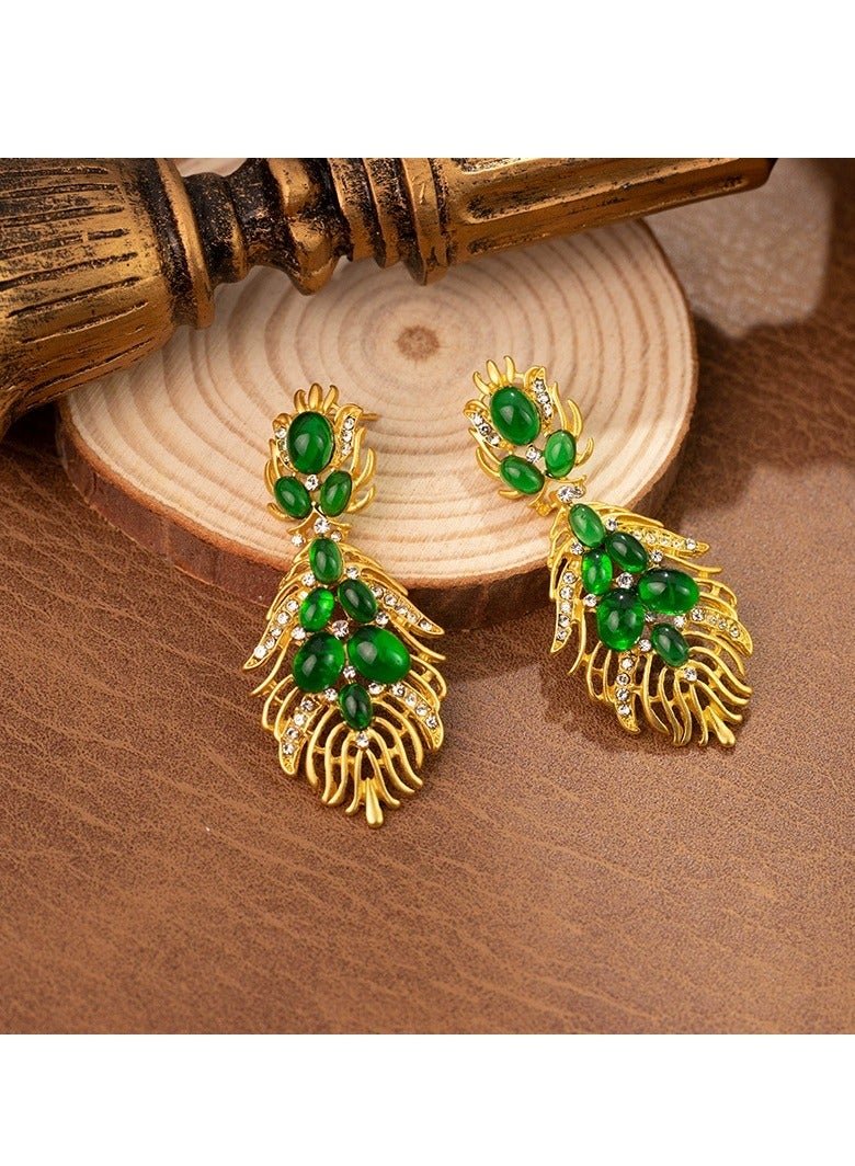 Gold Leaf Drop Earrings with Green Stones – Elegant Statement Jewelry for Weddings, Eid, Office & Evening Events  - Image 5