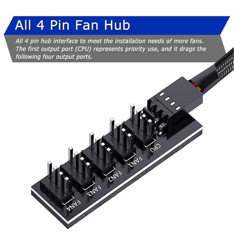 AVERZELLA 2 Pack Cooling Fan 1 to 5 Hub, All 4 Pin Cooling Fans Power Extension Cable for PC Case Internal Motherboard Fan, 5 Way Splitter Wire for ATX Computer Case, Sleeved Braided (16 inches) - Image 4