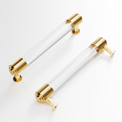 KOXHERO Modern Brass and Acrylic Kitchen Cabinet Pulls 5 Inch Hole Center 4Pack Elegant Gold Drawer Handle Charming Dresser Knob for Closet Cupboard Wardrobe Laundry Room Bathroom - Image 1