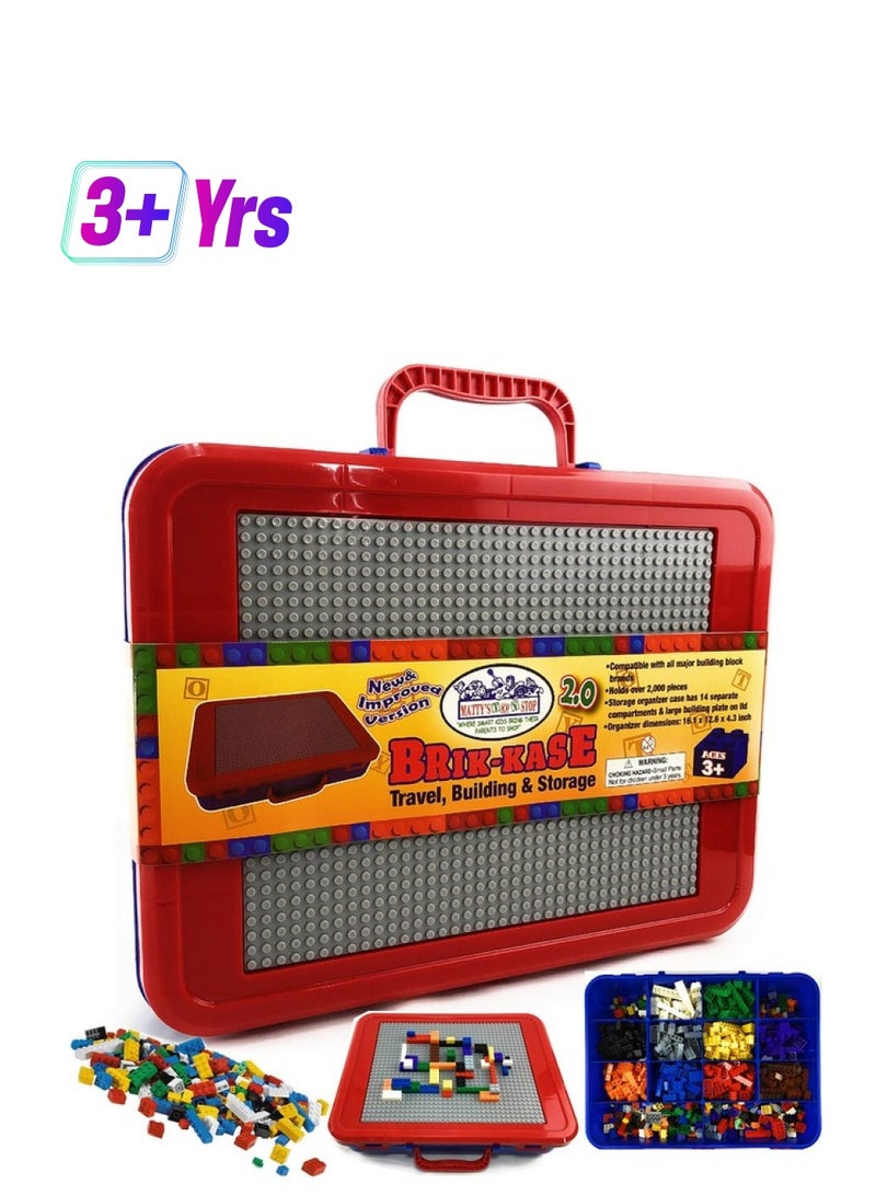 Matty's Toy Stop Brik-Kase 2.0 Travel, Building, Storage & Organizer Container Case With Building Plate Lid (Holds Approx 2000Pcs) - Compatible With All Major Brands (Blue, Red & Gray)  - Image 1