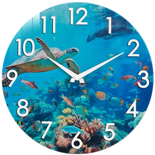 Crosstime Outdoor Clock Waterproof - Nautical Ocean Decor Indoor Outdoor Wall Clocks for Patio Pool Garden Bathroom Home - Blue 12 Inch Glass, Sea Turtle Underwater Theme - Image 1