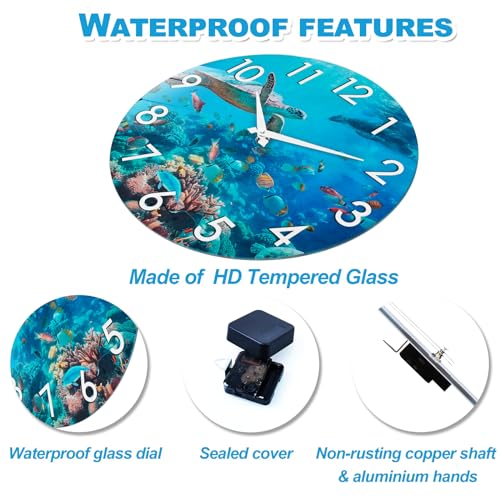 Crosstime Outdoor Clock Waterproof - Nautical Ocean Decor Indoor Outdoor Wall Clocks for Patio Pool Garden Bathroom Home - Blue 12 Inch Glass, Sea Turtle Underwater Theme - Image 4