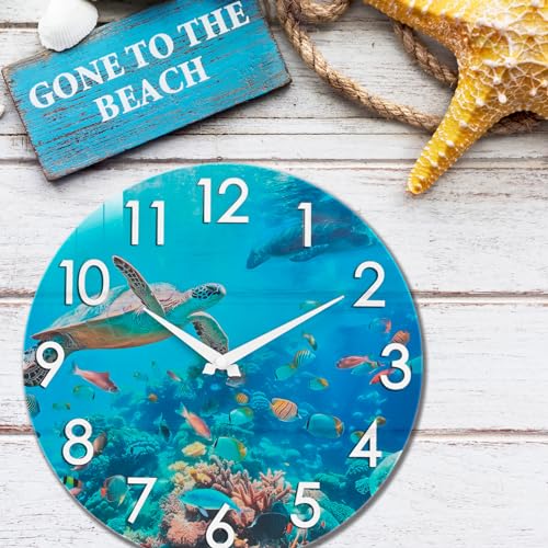 Crosstime Outdoor Clock Waterproof - Nautical Ocean Decor Indoor Outdoor Wall Clocks for Patio Pool Garden Bathroom Home - Blue 12 Inch Glass, Sea Turtle Underwater Theme - Image 3