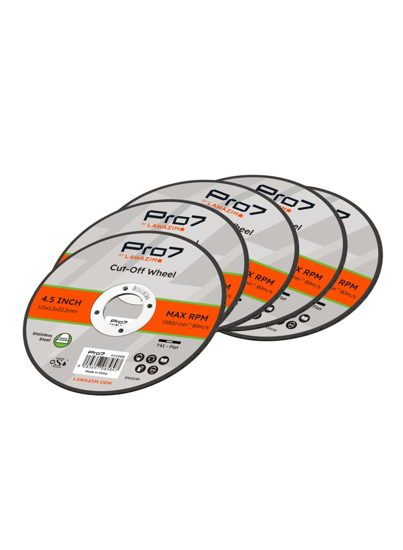 LAWAZIM Pro7 Cutting Disc for Stainless Steel - 5 Piece 4.5inch (115x1.2mm) - Thin Cut Off Cutting Wheel Set with 7/8" Arbor -for Metal, Inox, Pipes, Sheet Metal, Rods, Profiles, and Precision Cutting - Image 1