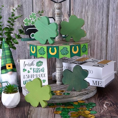 IDATOO St Patrick's Day Decorations for Table, 4PCS Wooden Shamrock Decor Set, Rustic Farmhouse Green Gradient St. Patrick's Day Centerpiece for Home Office Tiered Tray (4 Colors) - Image 4