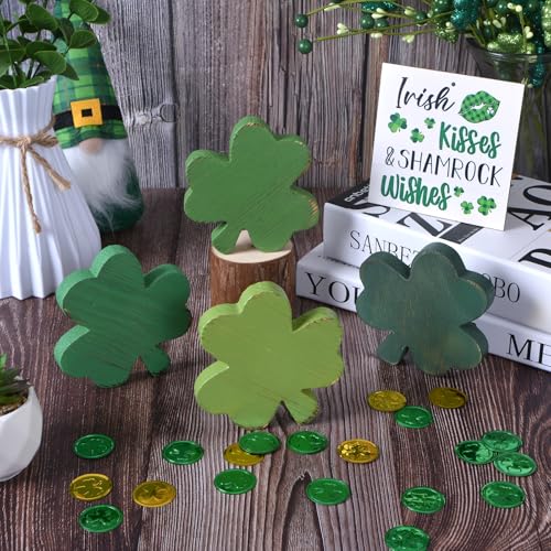 IDATOO St Patrick's Day Decorations for Table, 4PCS Wooden Shamrock Decor Set, Rustic Farmhouse Green Gradient St. Patrick's Day Centerpiece for Home Office Tiered Tray (4 Colors) - Image 5