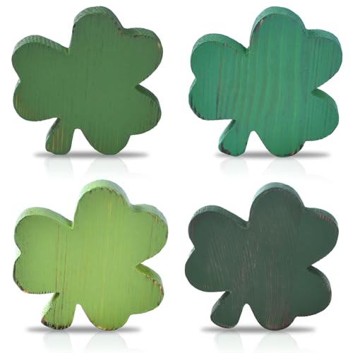 IDATOO St Patrick's Day Decorations for Table, 4PCS Wooden Shamrock Decor Set, Rustic Farmhouse Green Gradient St. Patrick's Day Centerpiece for Home Office Tiered Tray (4 Colors) - Image 1