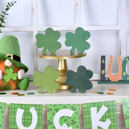 IDATOO St Patrick's Day Decorations for Table, 4PCS Wooden Shamrock Decor Set, Rustic Farmhouse Green Gradient St. Patrick's Day Centerpiece for Home Office Tiered Tray (4 Colors) - Image 3