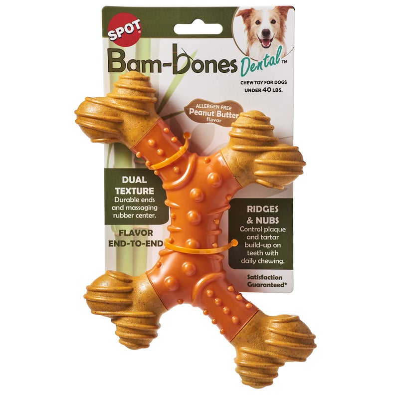 SPOT Bam-Bones Dental X-Bone - Made with Bamboo Fiber and a Massaging Rubber Center, Durable Oral Care Dog Chew for Light Chewers & Teething Puppies under 40lbs, 8in Allergen Free Peanut Butter Flavor - Image 1