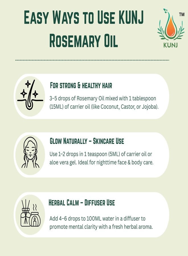 KUNJ Rosemary Essential Oil (Rosmarinus officinalis) 100ML - 100% Pure & Natural, Undiluted, Steam Distilled - Aromatherapy Oil for Hair Growth, Scalp Nourishment, Diffuser, Skin & Wellness - Image 3