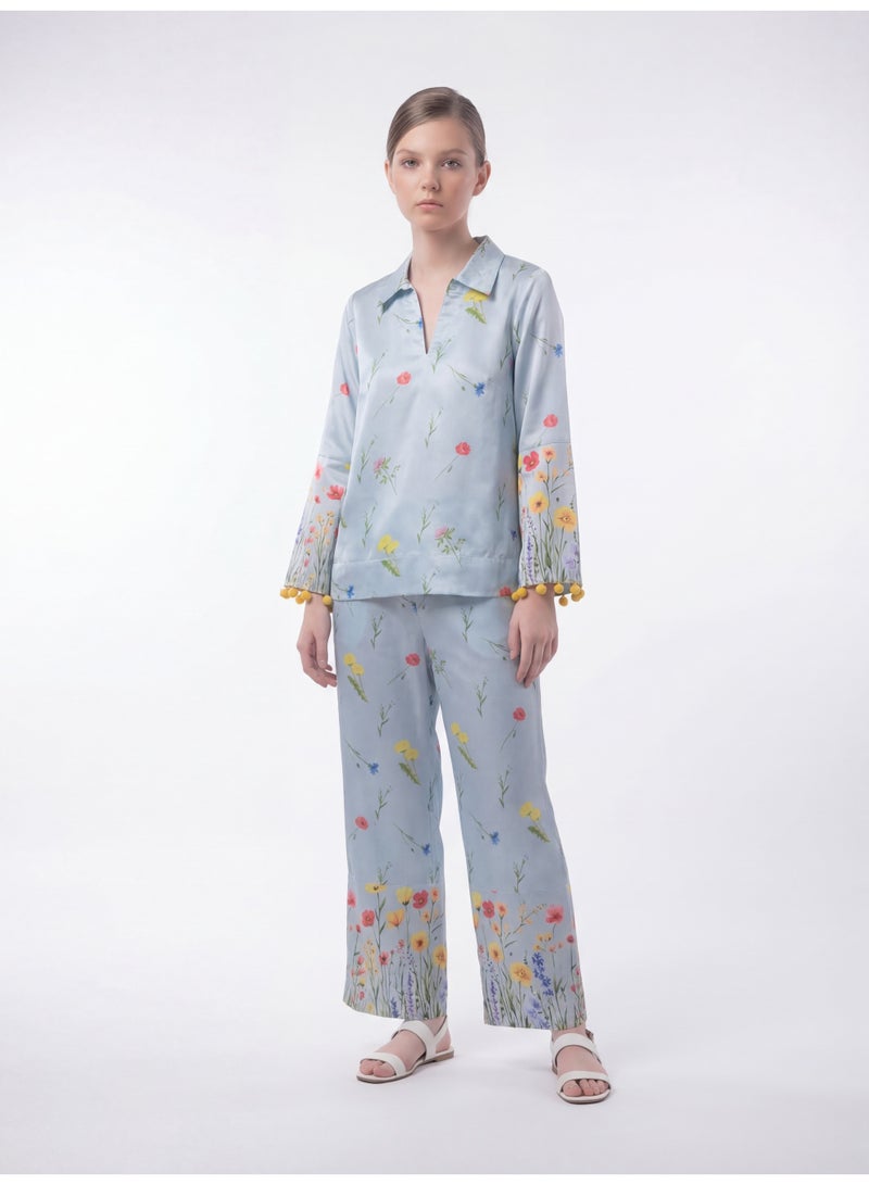 LUSHA Girls Floral Printed 2-Piece Set – Light Blue Top & Pants Outfit with Pom-Pom Detail (6–16 Years) - Image 1