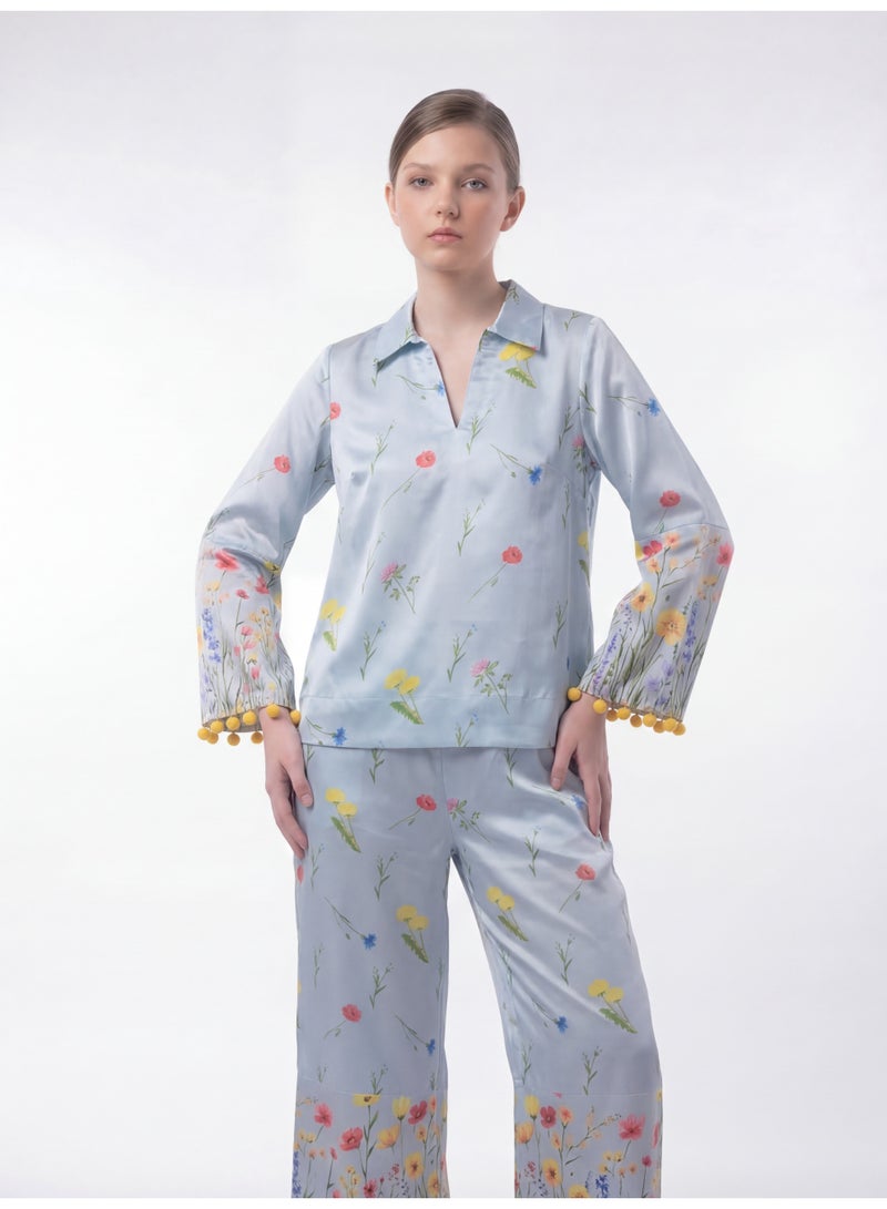 LUSHA Girls Floral Printed 2-Piece Set – Light Blue Top & Pants Outfit with Pom-Pom Detail (6–16 Years) - Image 2