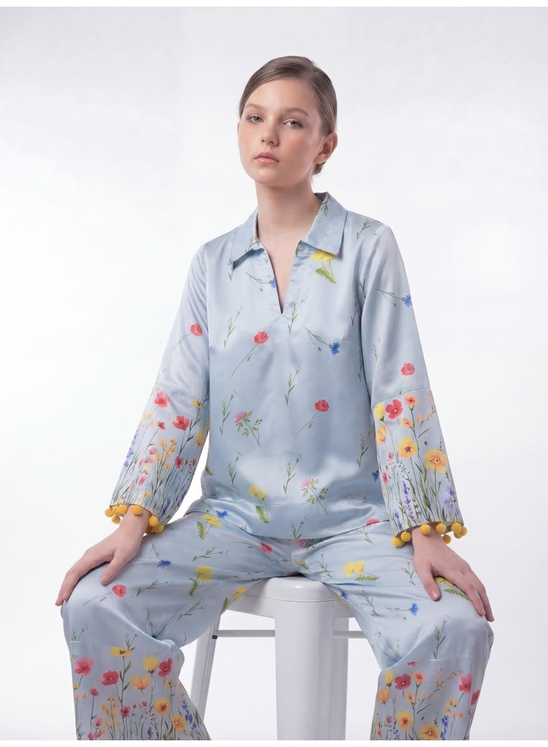 LUSHA Girls Floral Printed 2-Piece Set – Light Blue Top & Pants Outfit with Pom-Pom Detail (6–16 Years) - Image 3