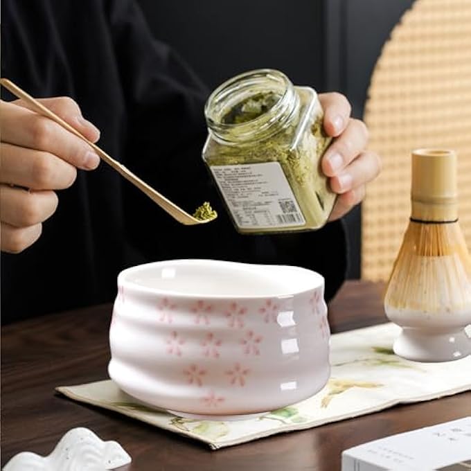 YANGUN Matcha Whisk Set 4Pcs Bamboo Matcha Set Pink Scoop Tea Spoon Whisk Holder 580Ml Reusable Ceramic Bowl Handcrafted Traditional Japanese Ideal Kit For Tea Lovers - Image 4