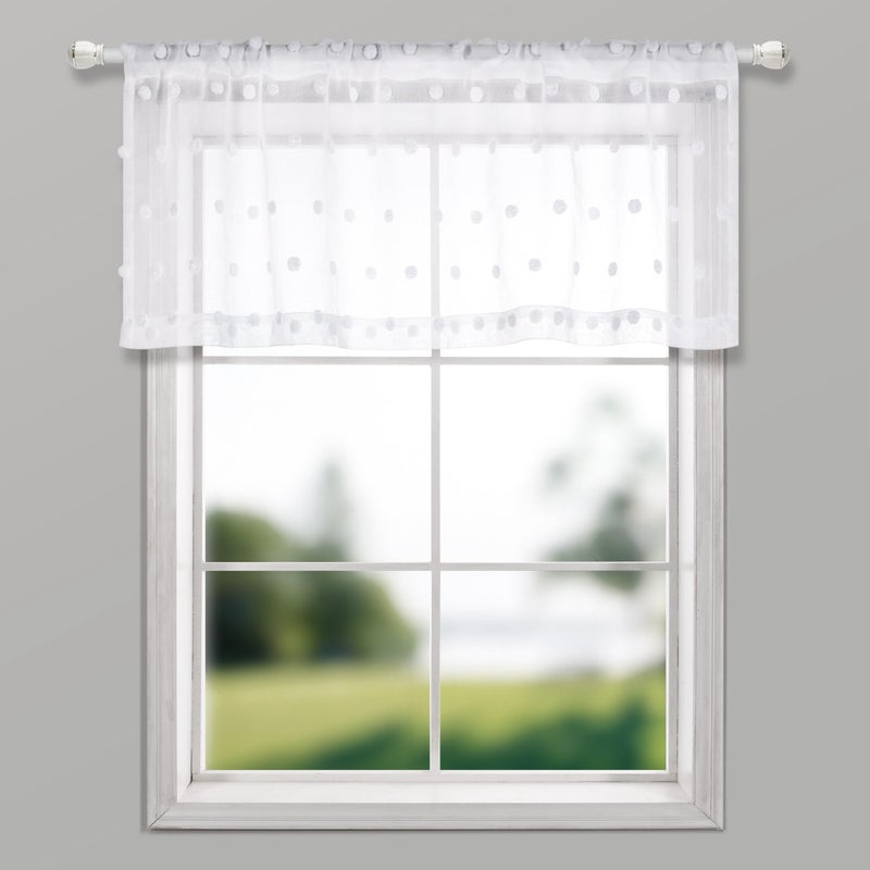 KOUFALL White Valances for Kitchen Rod Pocket Farmhouse Boho Country Decor Lace Pom Dot Design Pattern Textured Curtain Toppers Cute Sheer Valances for Windows Living Room Girls Bedroom Bathroom 18 Length