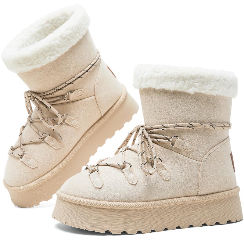 TUOPIN Women's Classic Platform Mini Snow Boots - Faux Suede Slip-On & Lace-Up Winter Booties with Sherpa Lining, Anti-Slip Thick Sole Ankle Boots - Beige.US7 - Image 1