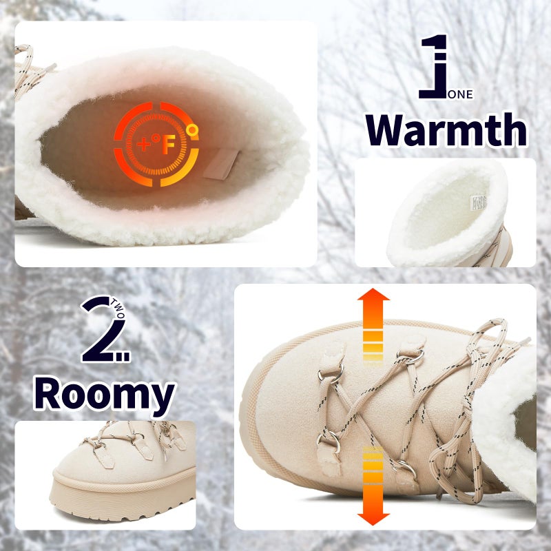 TUOPIN Women's Classic Platform Mini Snow Boots - Faux Suede Slip-On & Lace-Up Winter Booties with Sherpa Lining, Anti-Slip Thick Sole Ankle Boots - Beige.US7 - Image 3