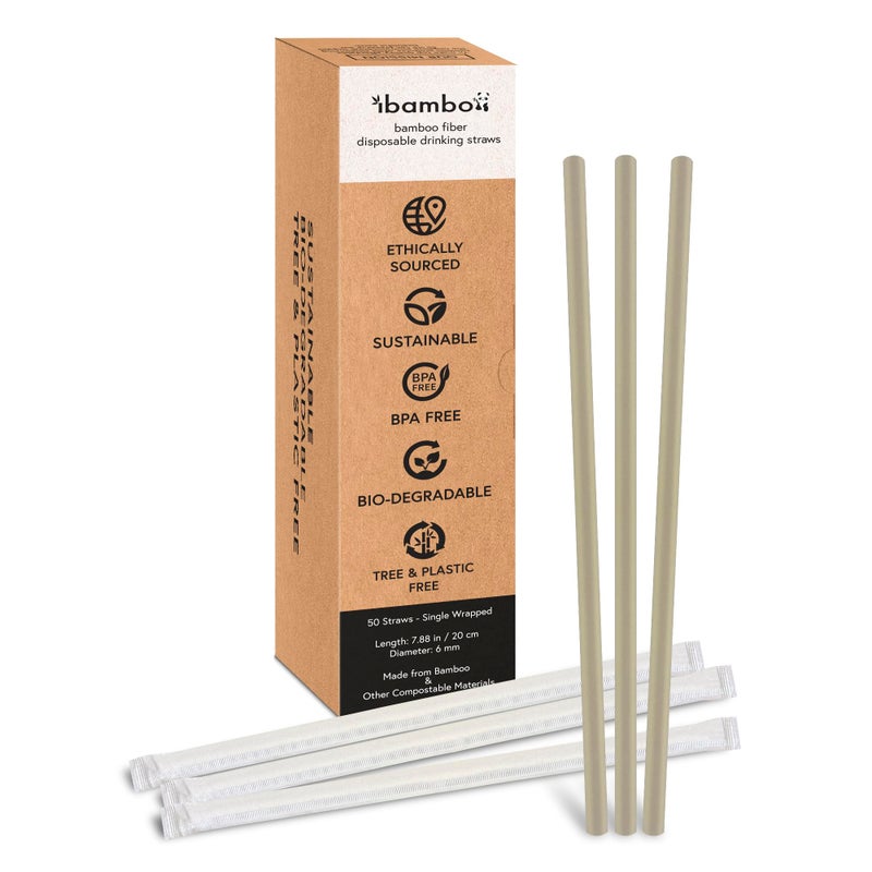 Ibambo Bamboo Powder Biodegradable Straws (50-Pack) - 7.88"" Compostable Straws Individually Wrapped | 100% Compostable | Durable & Disposable | Made for Hot & Cold Drinks  Commercial or Home Use - Image 1
