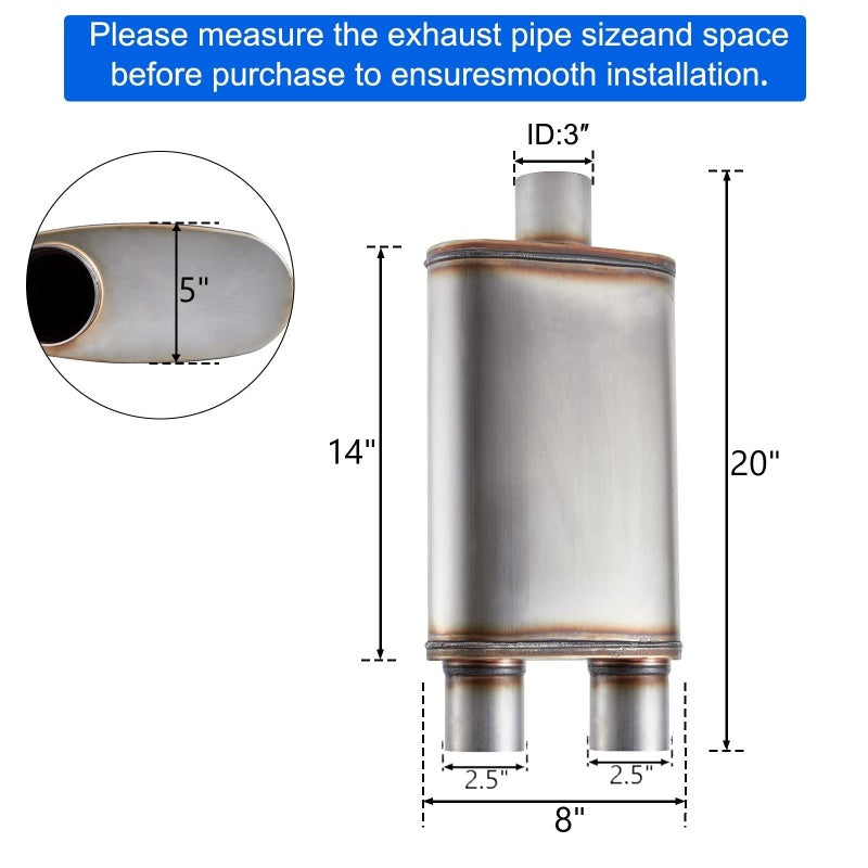 Floshine Universal 409 Stainless Performance Exhaust Muffler, single in dual out muffle (3 in inlet 2.5 in dual outlet) - Image 2