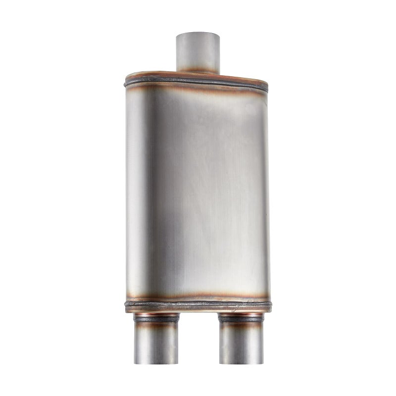 Floshine Universal 409 Stainless Performance Exhaust Muffler, single in dual out muffle (3 in inlet 2.5 in dual outlet) - Image 1