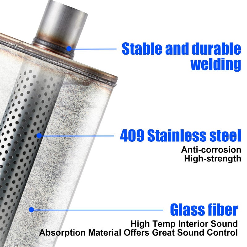 Floshine Universal 409 Stainless Performance Exhaust Muffler, single in dual out muffle (3 in inlet 2.5 in dual outlet) - Image 4