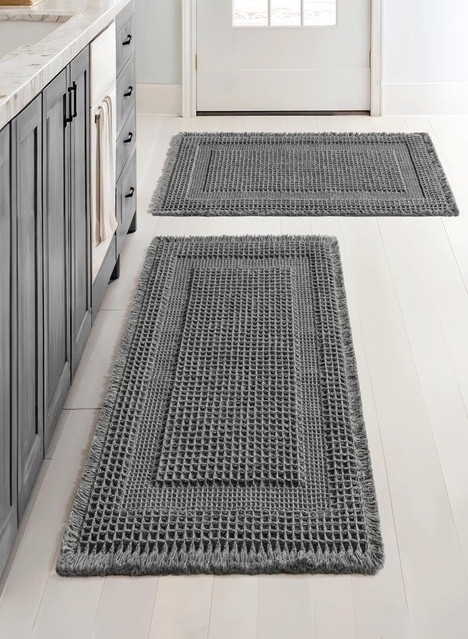 MIULEE Set of 2 Waffle Bathroom Rugs, Boho Bath Rug Super Absorbent, Non Slip Washable Ultra Soft Rubber Backed Shower Bath Mats for Floor, Tub, Shower, Looped Design, Dark Grey, 18x30 Inch - Image 1