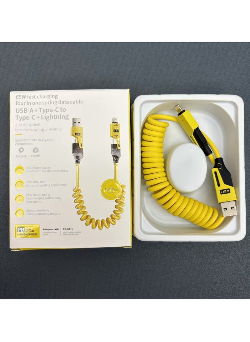 Spring telescopic four in one 65W super fast charging suitable for Apple iPhone 15/16 Pro, Huawei OPPO Honor, Xiaomi vivo multifunctional data cable, Carplay transmission, Carlife car screen projection, mobile phone tablet charging cable - Image 3