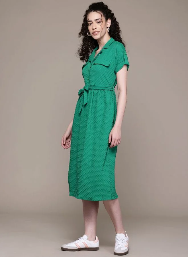 Freehand  Women Relaxed Fit Textured V-Neck Short Sleeve Shirt Dress for Women | Best Price UAE