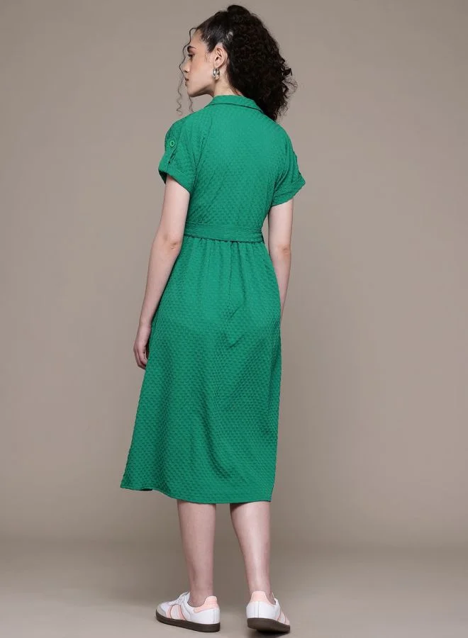 Freehand  Women Relaxed Fit Textured V-Neck Short Sleeve Shirt Dress for Women | Best Price UAE