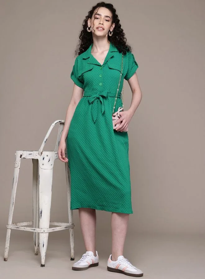 Freehand  Women Relaxed Fit Textured V-Neck Short Sleeve Shirt Dress for Women | Best Price UAE