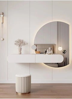 AWD Minimalist Dressing Table with Mirror and Stool, Modern-Style Wall Mounted Vanity Table with Round Mirror Built in Lightning, Two Storage Drawers for Girl's Women's Bedroom  - Image 1