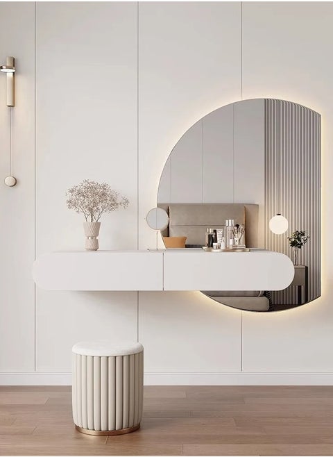 Minimalist Dressing Table with Mirror and Stool, Modern-Style Wall Mounted Vanity Table with Round Mirror Built in Lightning, Two Storage Drawers for Girl's Women's Bedroom